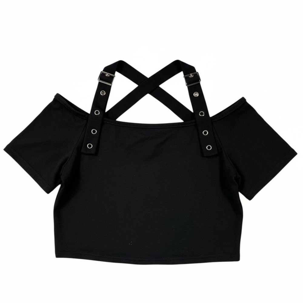 Romwe Black Cold Shoulder Grommet Cross Buckle Strap Crop Top